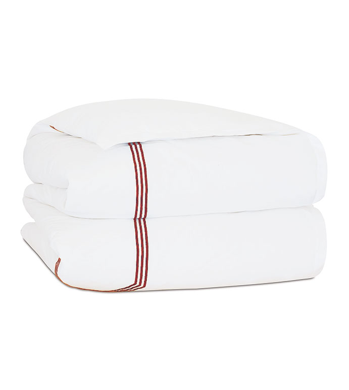 Tessa Satin Stitch Duvet Cover in White/Scarlet