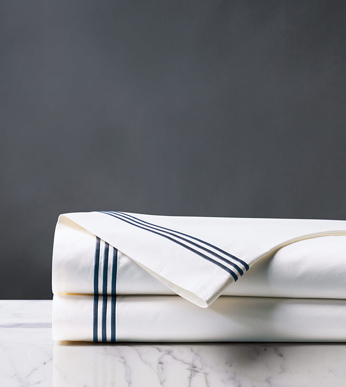 Tessa Satin Stitch Flat Sheet in White/Navy