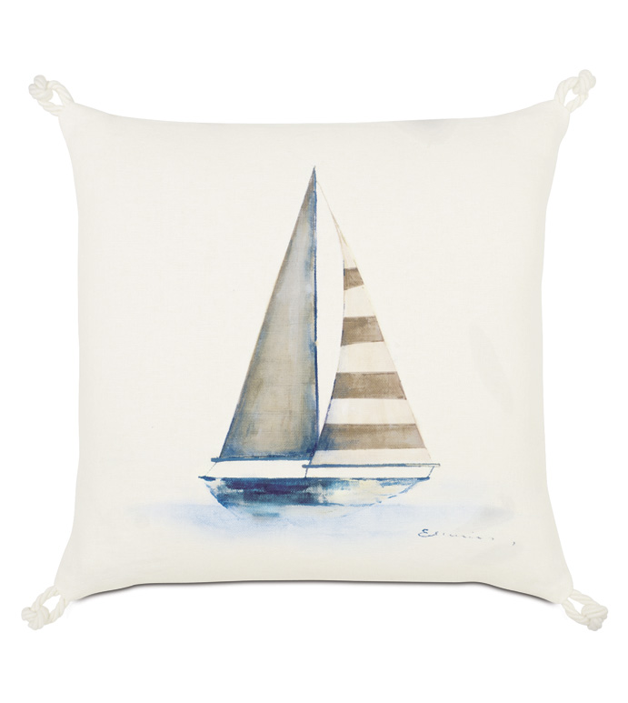 Maritime Hand Painted Yacht Accent Pillow In Ivory