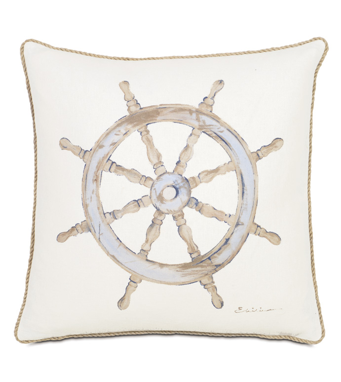 Maritime Hand Painted ShipS Wheel Accent Pillow In Ivory