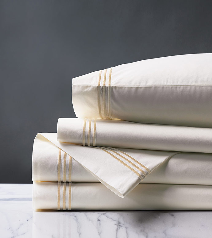 Tessa Satin Stitch Sheet Set in Ivory/Bisque