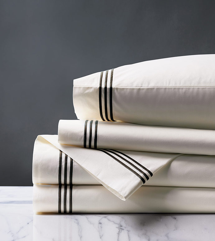 Tessa Satin Stitch Sheet Set in Ivory/Black