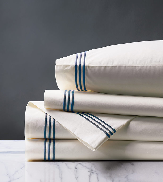 Tessa Satin Stitch Sheet Set in Ivory/Navy