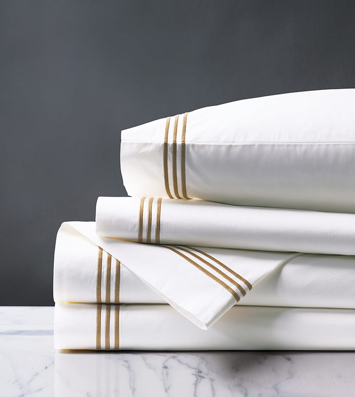 Tessa Satin Stitch Sheet Set in White/Antique