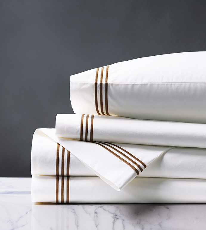 Tessa Satin Stitch Sheet Set in White/Brown