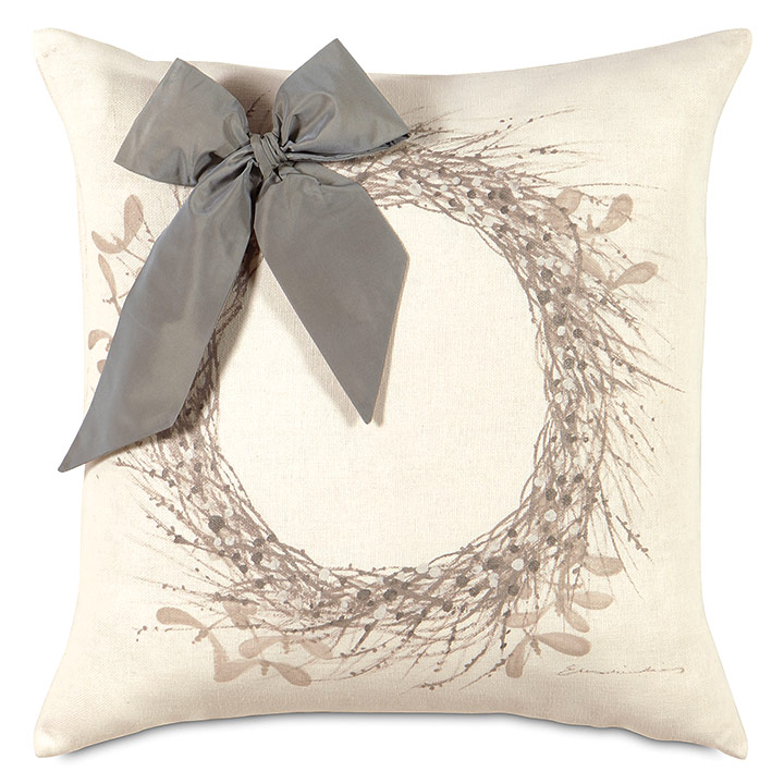 Wreath Handpainted Decorative Pillow in Silver