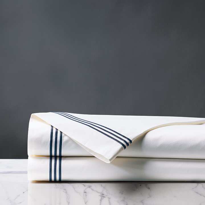 Tessa Satin Stitch Flat Sheet in White/Navy